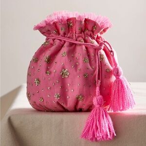Free People Seasons Sparkle Mini Gift Sack Embroidered Pouch Bag Pink NWT NEW